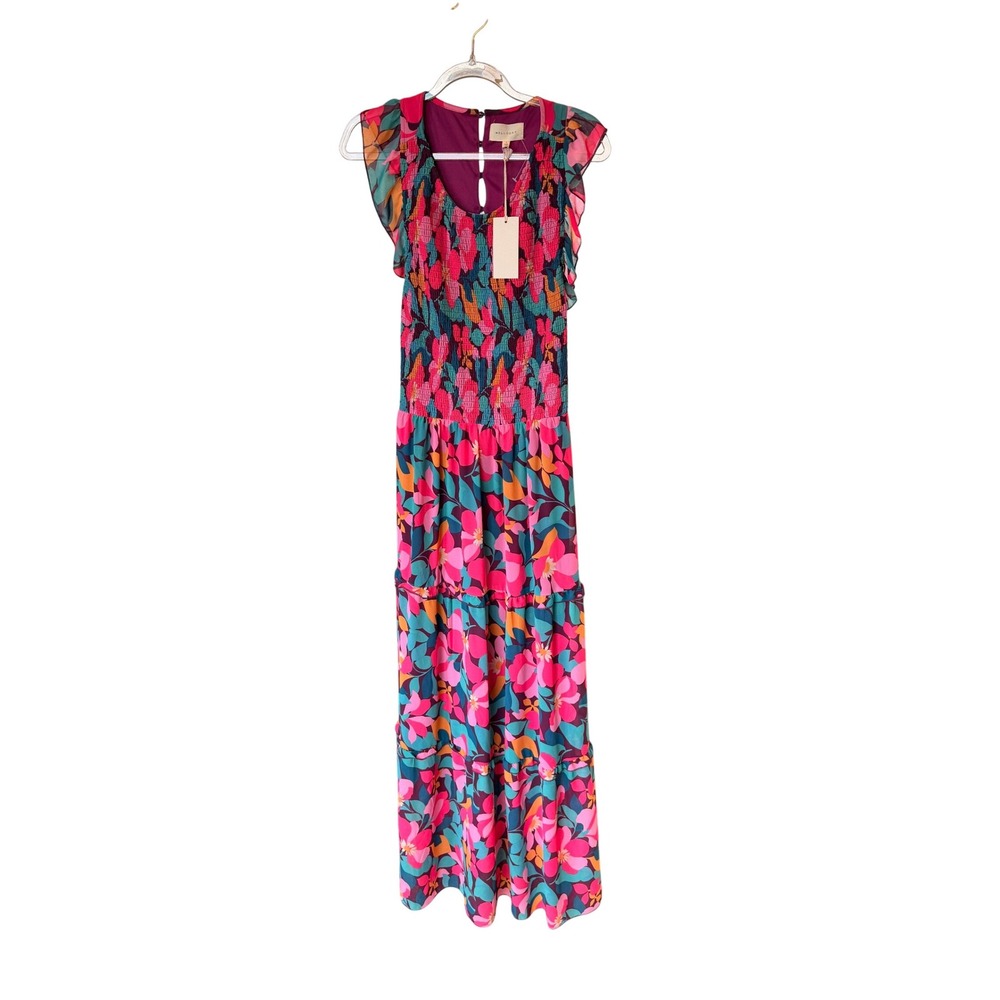 Melloday Maxi Dress Floral Smocked Tiered Ruffle Flutter Sleeve V-Neck